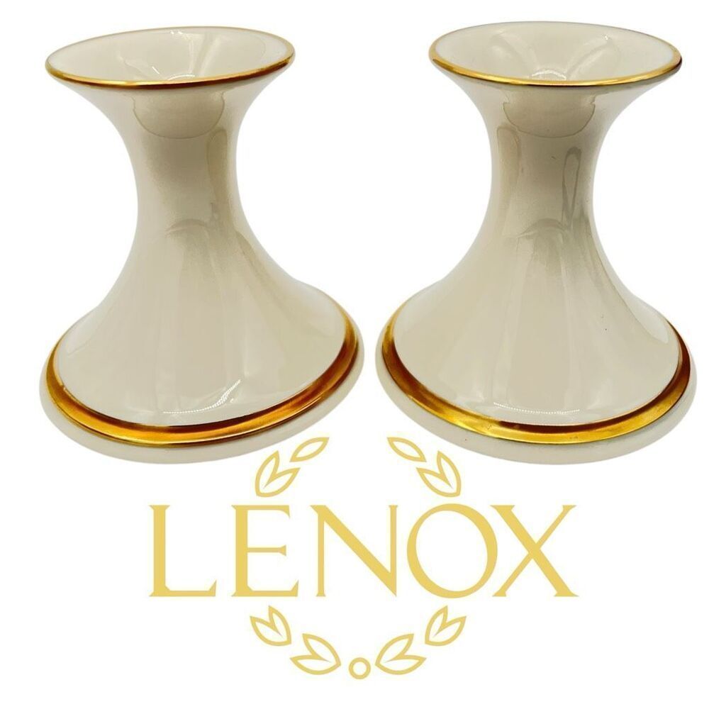 Set of 2 LENOX Eternal Porcelain Gold Trim Candlestick Holders Cream